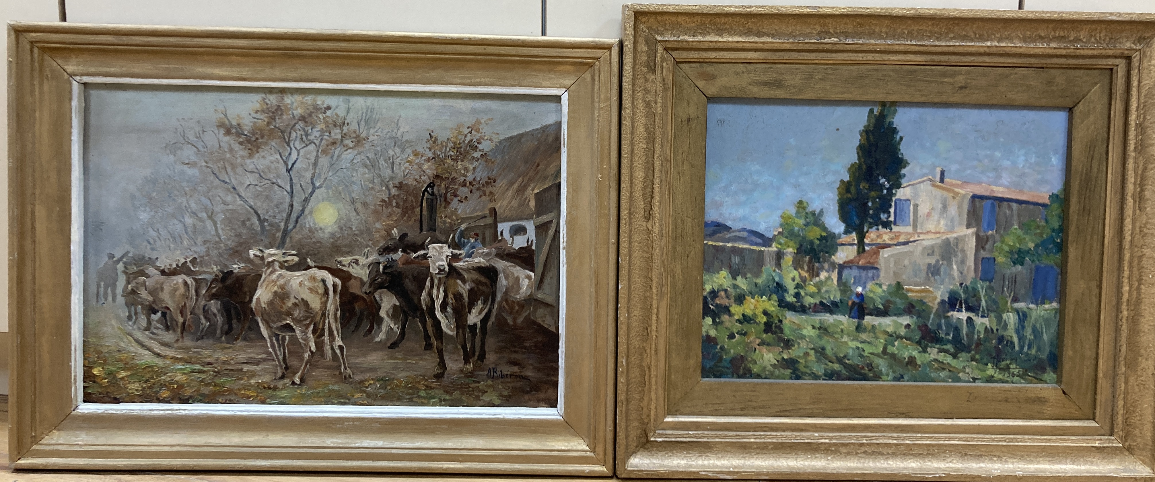 A. Riberon, oil on board, Cattle leaving a barn, signed, 33 x 49cm and an oil of a woman in a garden, 30 x 38cm